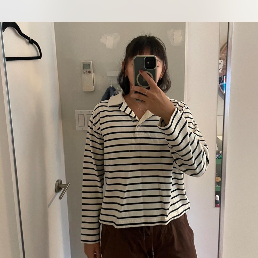 COS Navy and Cream Striped Polo